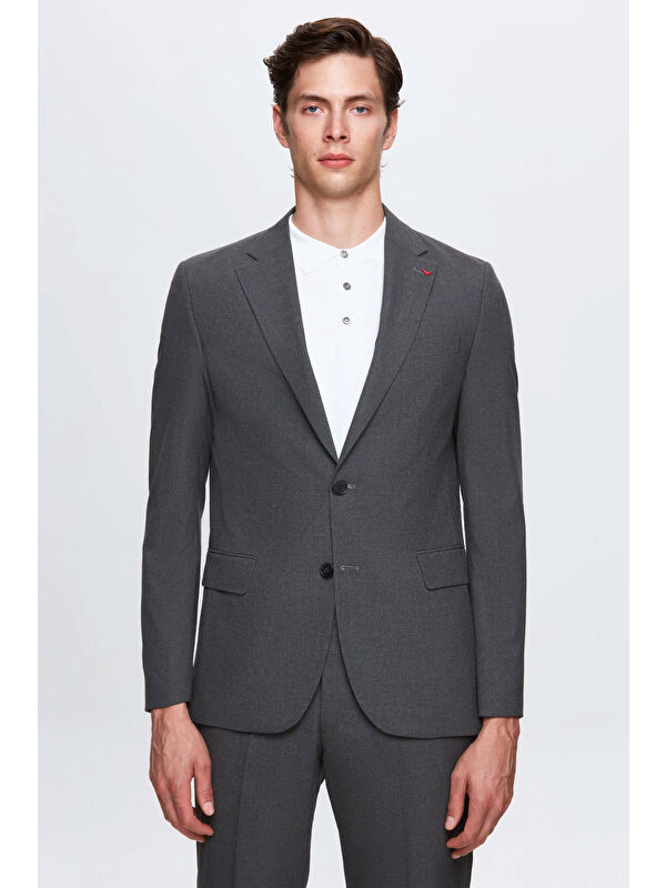 D'S damat Slim Fit Gri Düz Elastanlı Esnek Mono Yaka Çift Yırtmaçlı Astarlı Takim Elbise