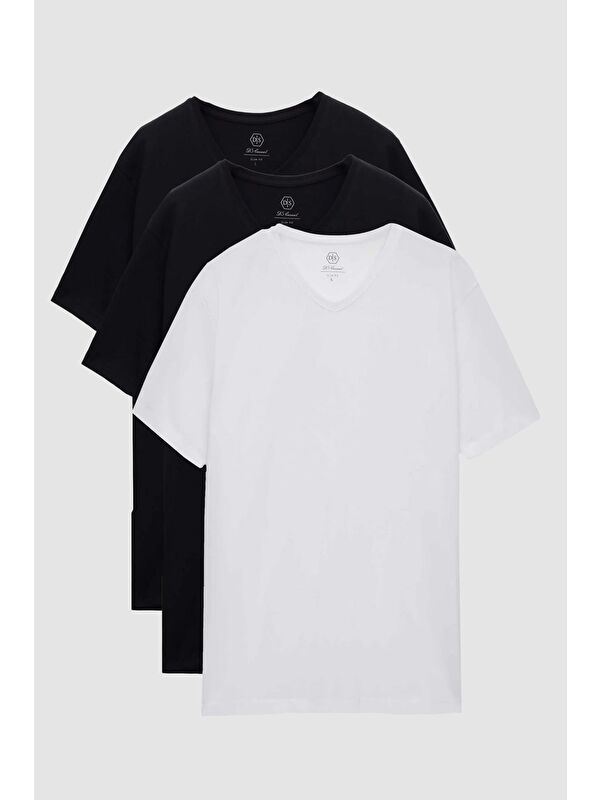 D'S damat Slim Fit Siyah/Beyaz 3'lü Set V Yaka Tişört