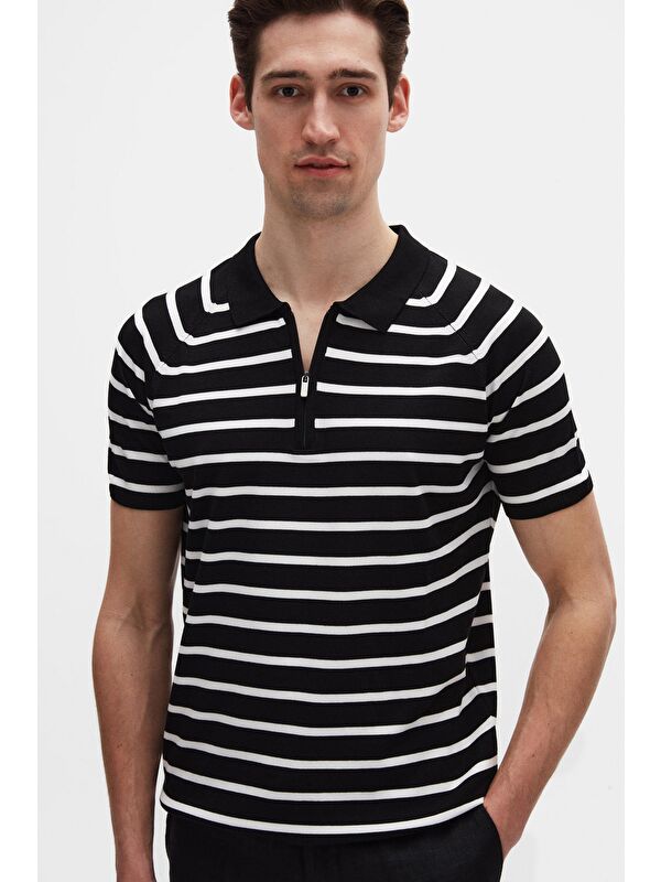 D'S damat Slim Fit Siyah Rayon Polo Yaka Fermuarlı Triko Tişört