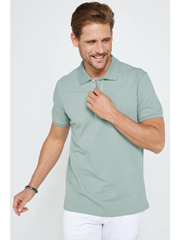 TUDORS Erkek Slim Fit Dar Kesim %100 Pamuk Düz Pike Mint Polo Yaka Tişört