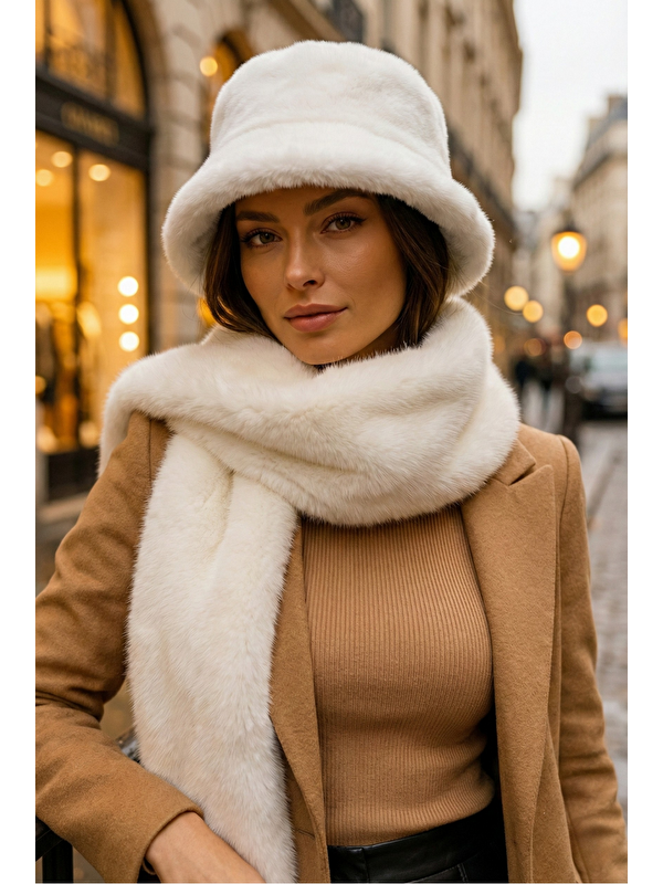 Luminos Butik Kadın Ekru 2 li Set Pelüş Bucket Şapka Boyunluk Atkı Set01