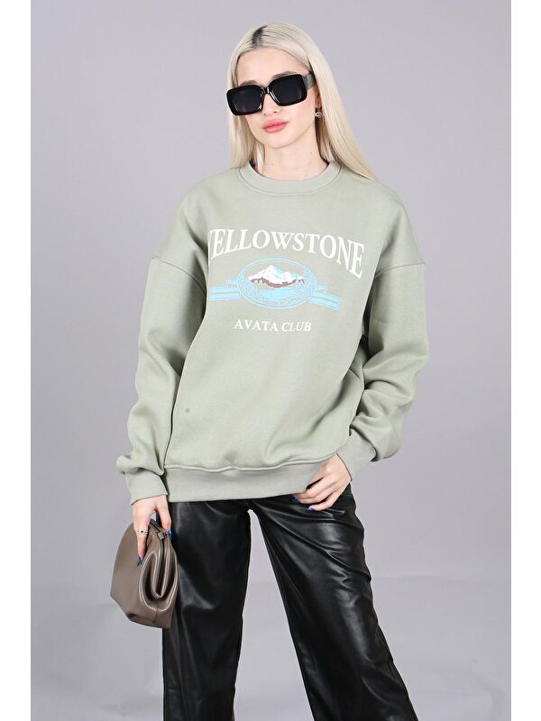 Madmext Mint Yeşili Bisiklet Yaka Baskılı Sweatshirt Mg1571