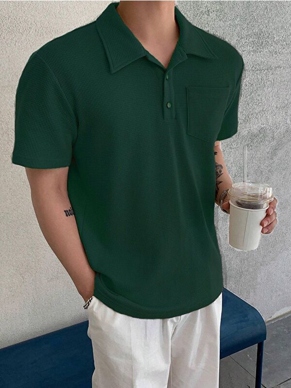 Genius Store Erkek Oversize Polo Yaka  Waffle Tişört  POLOYAKA-DÜĞMELİ