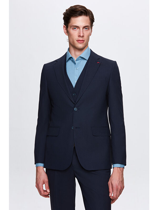 D'S damat Slim Fit Lacivert Mono Yaka Tek Yırtmaçlı Astarlı Takim Elbise Yelekli