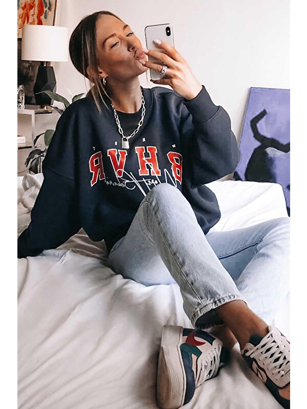 Madmext Lacivert Nakışlı Sweatshirt Mg813