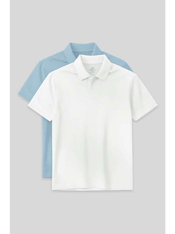 Tommylife Standart Fit Basic Polo Yaka 2'li Paket Beyaz-Buz Mavi Erkek Tişört - 87768