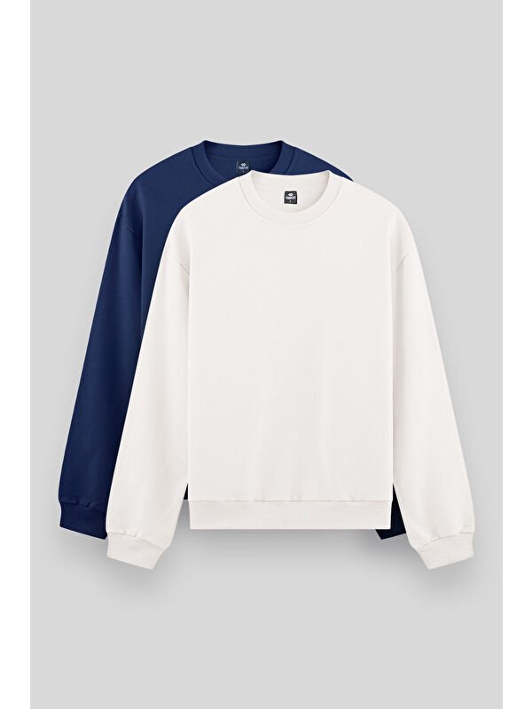 Tommylife Standart Fit Basic O Yaka 2'li Paket Ekru-Parlament Erkek Sweatshirt - 88053