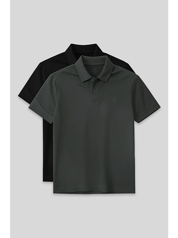 Tommylife Standart Fit Basic Polo Yaka 2'li Paket Siyah-Çağla Erkek Tişört - 87768