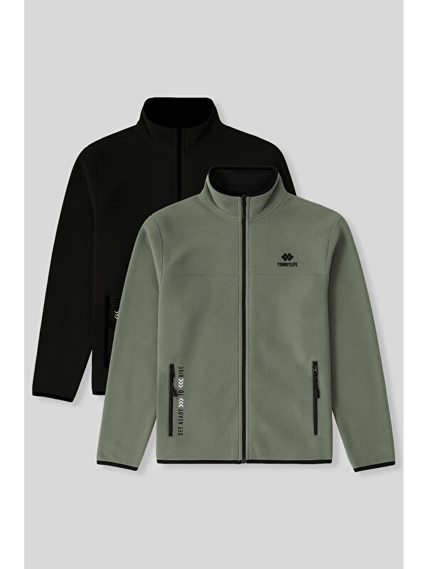 Tommylife Standart Kalıp Dik Yaka 2'li Paket Siyah-Çağla Polar Erkek Fermuarlı Sweatshirt Hırka - 87992
