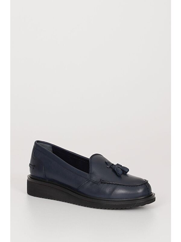 Hakiki Deri Yuvarlak Burun Dolgu Taban Püsküllü Kadın Günlük Loafer Ayakkabı 24097 - Görsel 6