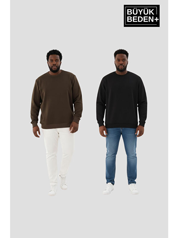 Süperlife Erkek Büyük Beden İkili Bisiklet Yaka 2’li Set -Rahat Kalıp İnce Sweatshirt SPR26BSW956+2