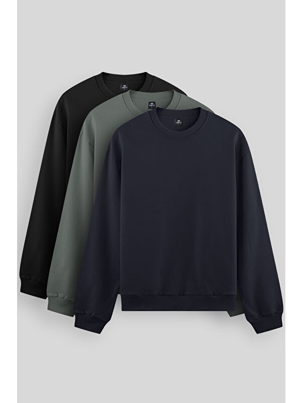 Tommylife Standart Fit Basic O Yaka  3'lü Paket Siyah-Lacivert-Çağla Erkek  Sweatshirt  88053