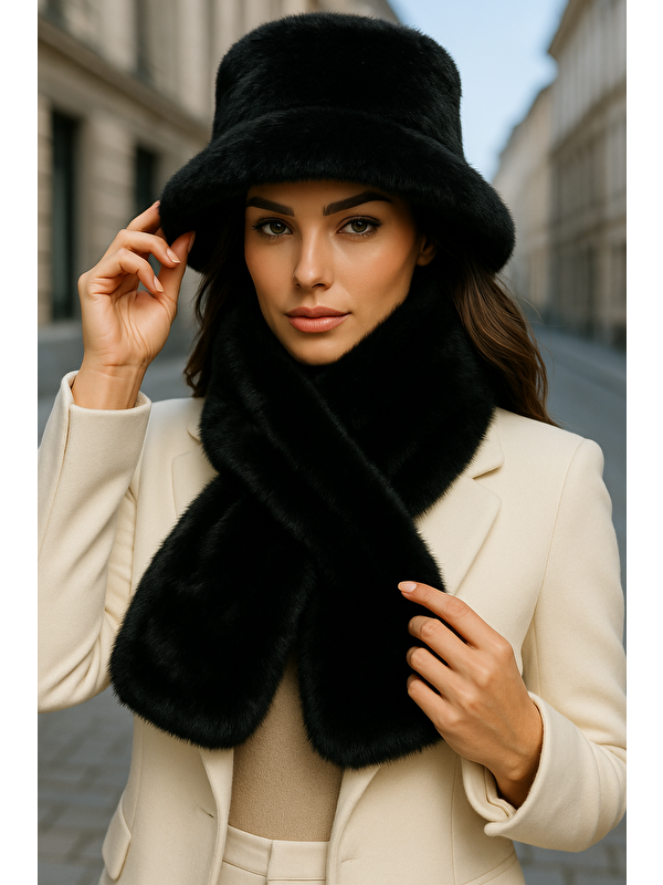 Luminos Butik Kadın Siyah 2 li Set Pelüş Bucket Şapka Boyunluk Atkı Set01