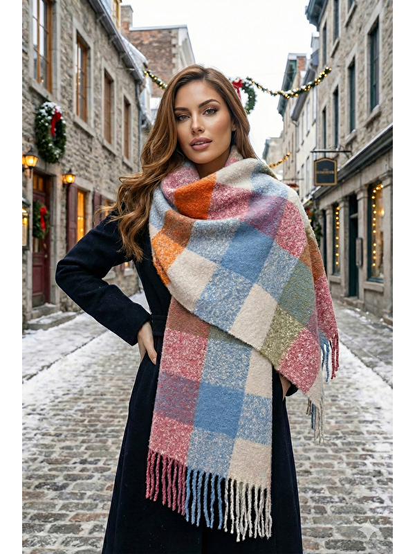 Luminos Butik Kadın Kalın Pembe Buklet Atkı Şal 40x210 cm SAL1292