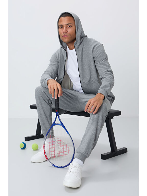 Tommylife Gri Melanj Kompakt Pamuklu Kalın Pürüzsüz Dokulu Kapüşonlu Comfort Fit Erkek Eşofman Takım   85262
