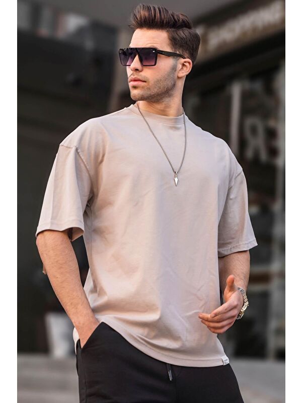 Madmext Erkek Taş Rengi Oversize Fit Basic %100 Pamuk Tişört 6066