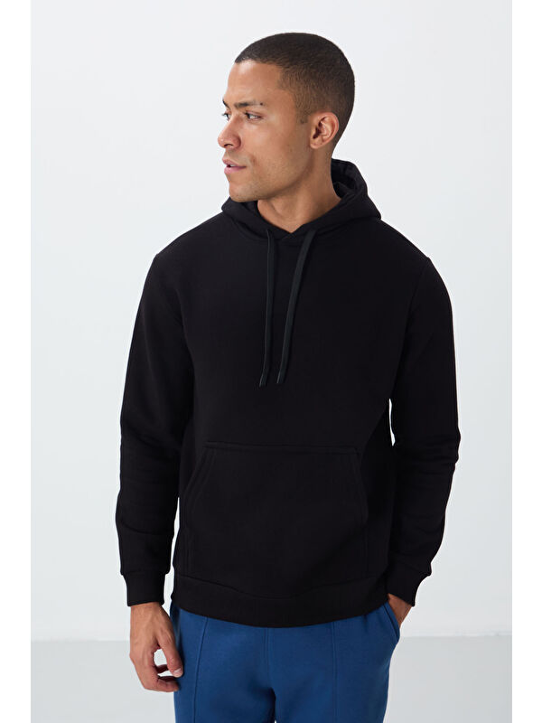 Tommylife Siyah Pamuklu Kalın İçi Tüylü Yumuşak Dokulu Comfort Fit Erkek Kapüşonlu Sweatshirt Hoodie - 88419