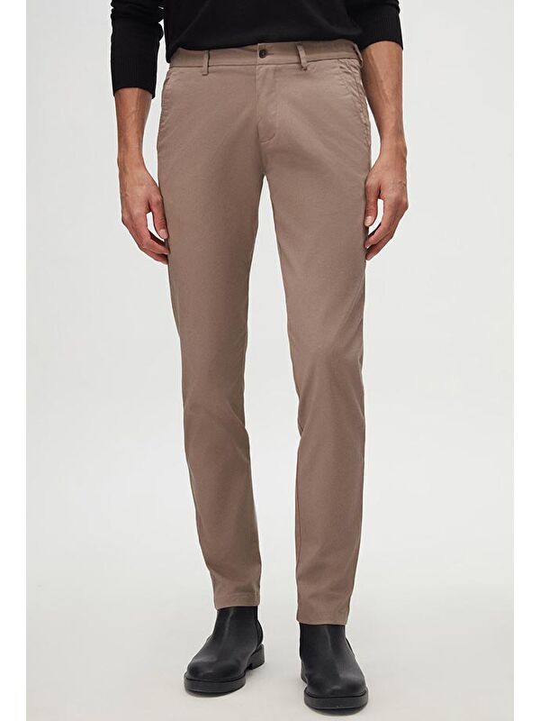 D'S damat Slim Fit Bej Armürlü Yan Beli Lastikli Esnek Elastanlı Yandan Cepli Chino Pantolon