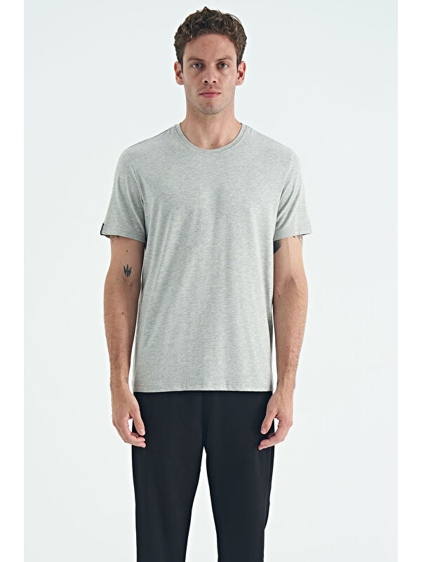 Tommylife Gri Melanj Erkek Basic Kısa Kol Standart Kalıp O Yaka Tişört - 87911