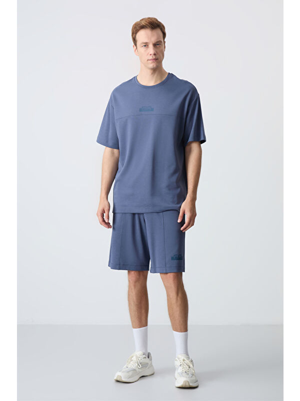 Air Jones Petrol Pamuklu Kalın Yumuşak Dokulu Oversize Fit Basic Erkek Şort Takım - 85259