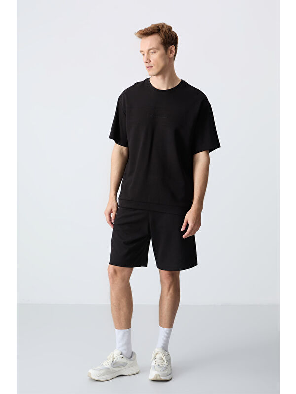 Air Jones Siyah Pamuklu Kalın Yumuşak Dokulu Oversize Fit Basic Erkek Şort Takım - 85257