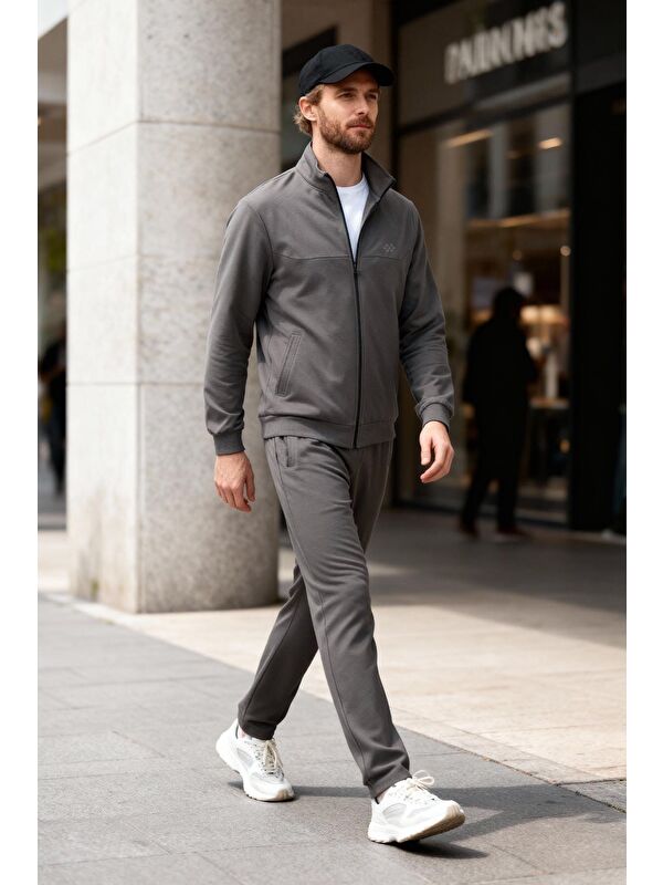 Tommylife Koyu Gri Pamuklu Kalın Yumuşak Dokulu Comfort Fit Basic Erkek Eşofman Takım - 85260