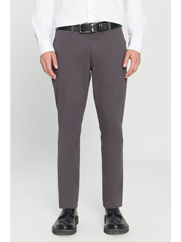 AC&Co / Altınyıldız Classics Erkek Antrasit Slim Fit Dar Kesim Yan Cep Pamuklu Esnek Chino Pantolon