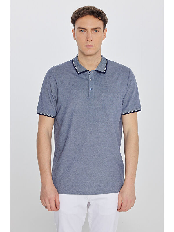 AC&Co / Altınyıldız Classics Erkek Lacivert Pamuklu Comfort Fit Rahat Kesim Polo Yaka Cepli Tişört