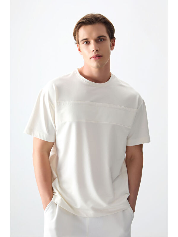 Air Jones Ekru Pamuklu Kalın Yumuşak Dokulu Oversize Fit Basic Erkek Tişört - 88378