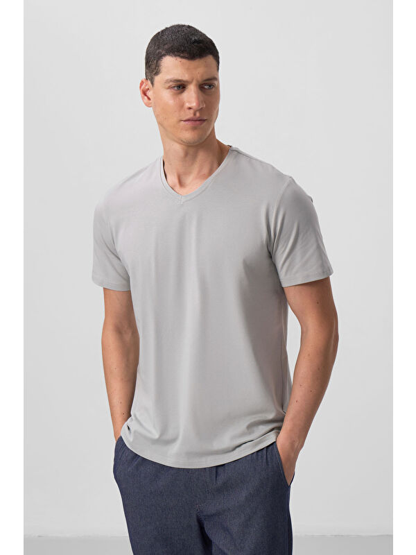 Tommylife Taş Basic Kısa Kol Standart Kalıp V Yaka Erkek Tişört - 87912