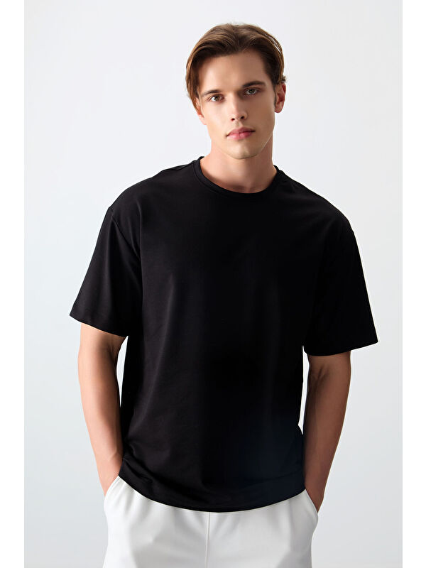 Air Jones Siyah Pamuklu Kalın Yumuşak Dokulu Oversize Fit Basic Erkek Tişört- 88377