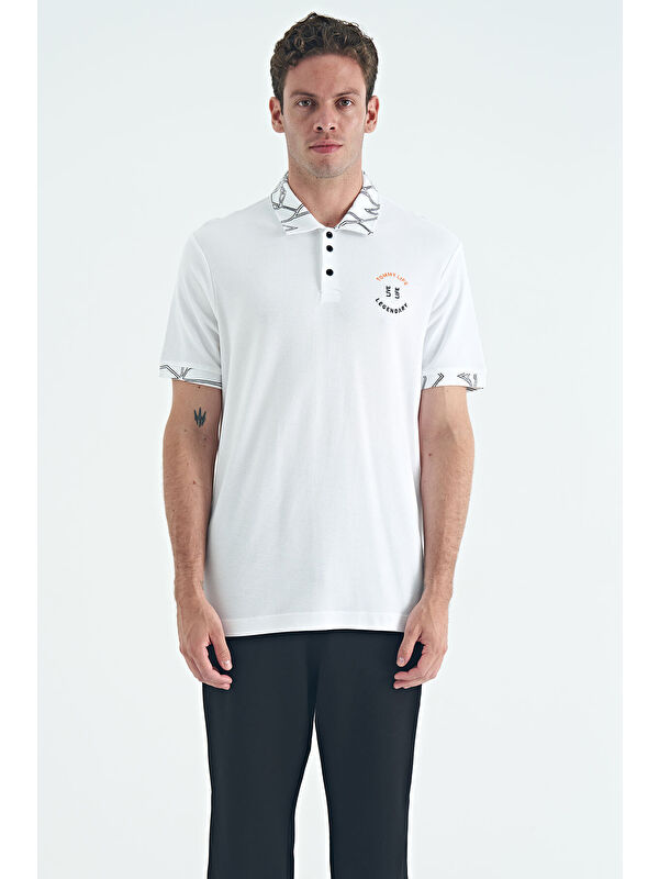 Tommylife Beyaz Yazı Nakışlı Baskı Detaylı Standart Kalıp Polo Yaka Erkek %100 Pamuk Tişört - 88239
