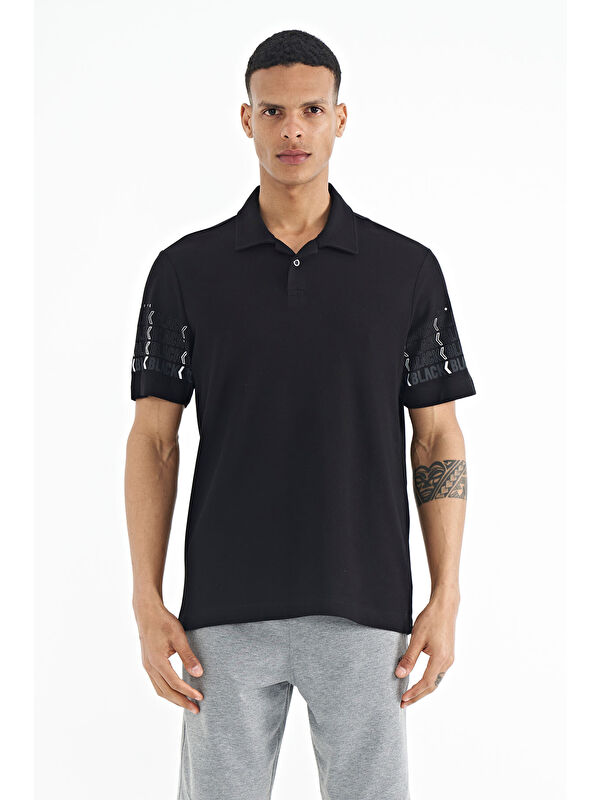 Tommylife Siyah Kol Baskı Detaylı Polo Yaka Standart Form Erkek %100 Pamuk Tişört - 88240