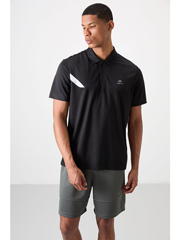 Tommylife Siyah Polyester Nefes Alan Dokulu İnce Esnek Standart Fit Polo Yaka Erkek Performans Tişört - 88402