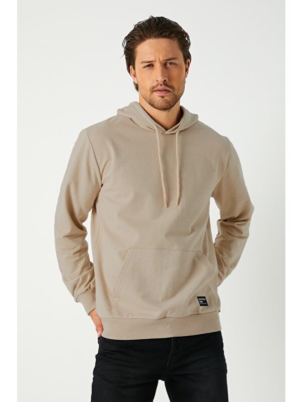 Mmetalic Bej  Kapüşonlu Kanguru Cepli Erkek Büyük Beden Hoodie