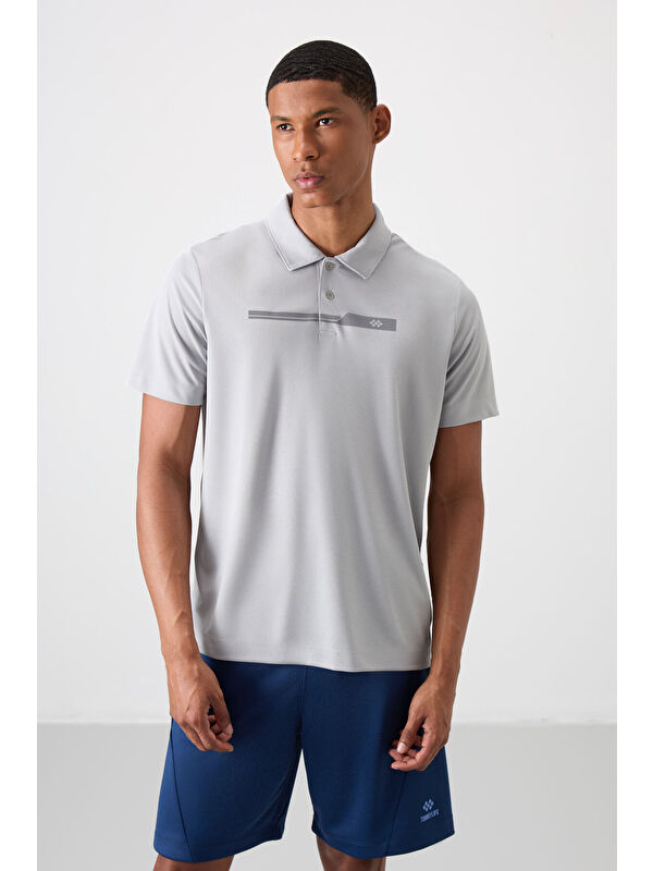 Tommylife Gri Polyester Nefes Alan Dokulu İnce Esnek Standart Fit Polo Yaka Erkek Performans Tişört - 88393