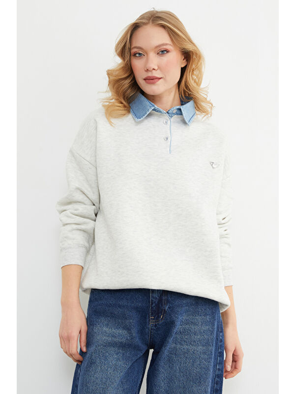 Fullamoda 3 İplik Jean Garnili Metal Aksesuarlı Sweatshirt
