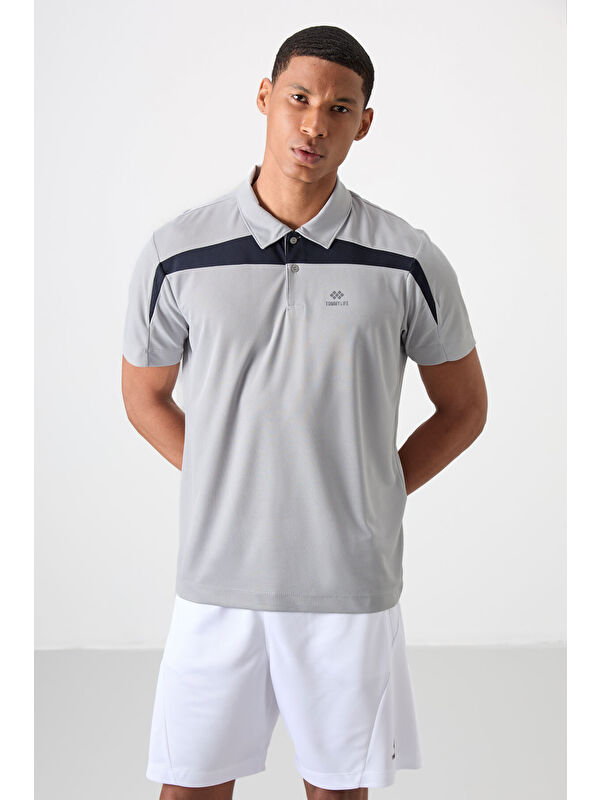 Tommylife Gri Polyester Nefes Alan Dokulu İnce Esnek Standart Fit Polo Yaka Erkek Performans Tişört - 88392