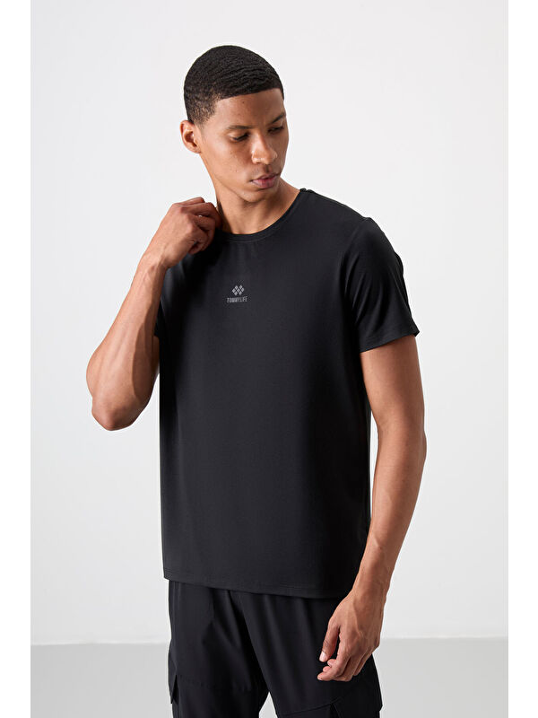 Tommylife Siyah Polyester Nefes Alan Dokulu İnce Esnek Standart Fit Erkek Performans Tişört - 88387