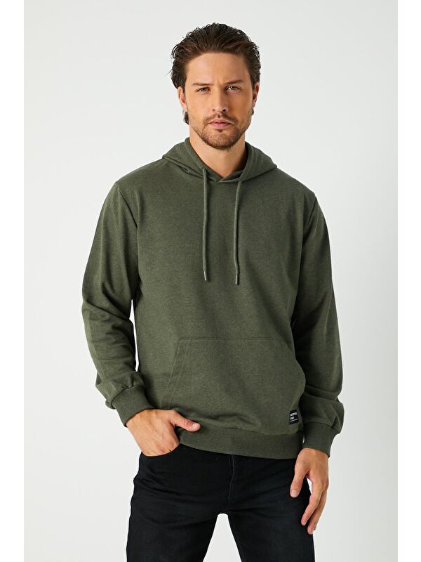 Mmetalic Haki  Kapüşonlu Kanguru Cepli Erkek Büyük Beden Hoodie