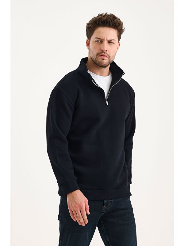 Genius Store Unisex %100 Pamuk Sweatshirt  Pamuklu Içi Polarlı Yarım Fermuarlı Dik Yaka
