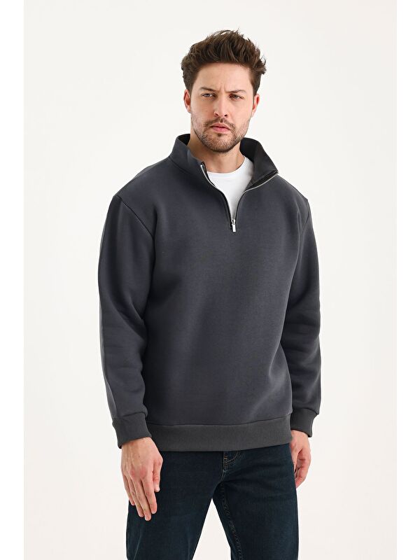 Genius Store Unisex %100 Pamuk Sweatshirt  Pamuklu Içi Polarlı Yarım Fermuarlı Dik Yaka