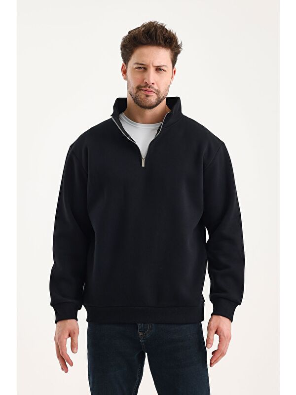 Genius Store Unisex %100 Pamuk Sweatshirt  Pamuklu Içi Polarlı Yarım Fermuarlı Dik Yaka