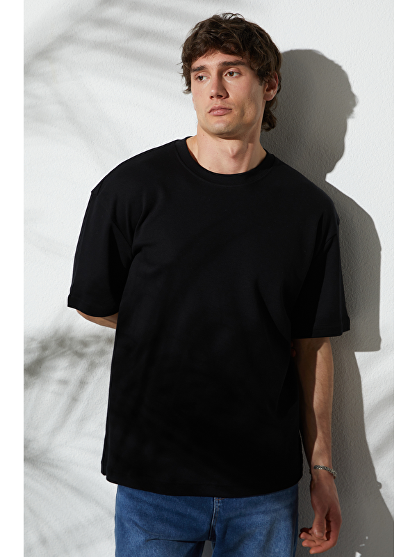 TUDORS Unisex Oversize Geniş Kesim Pamuklu Yumuşak Dokulu Basic Bisiklet Yaka Siyah Tişört
