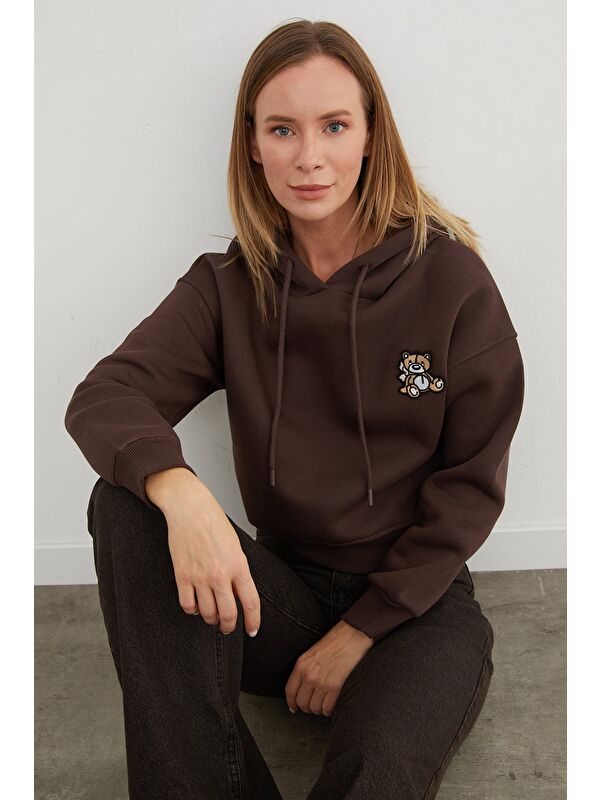 Fullamoda 3 İplik Ayıcık Nakışlı Kapüşonlu Sweatshirt