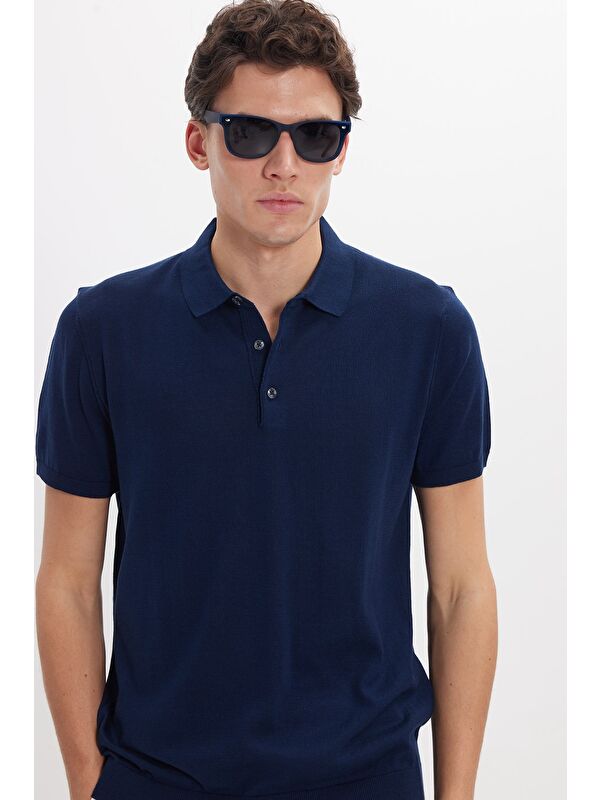 TUDORS Erkek Polo Yaka Slim Fit Örme Triko Pamuklu Lacivert Tişört
