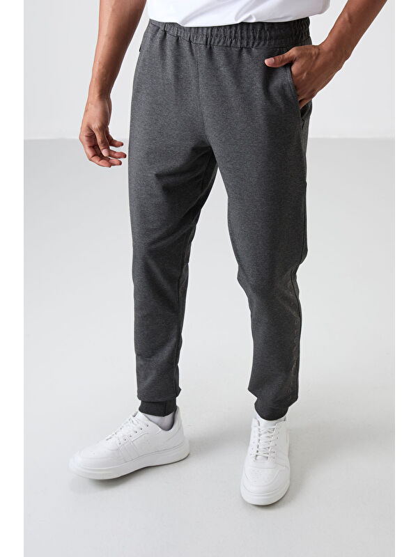 Tommylife Antrasit Melanj Pamuk Yumuşak Dokulu Standart Fit Nakışlı  Eşofman Alt - 82133