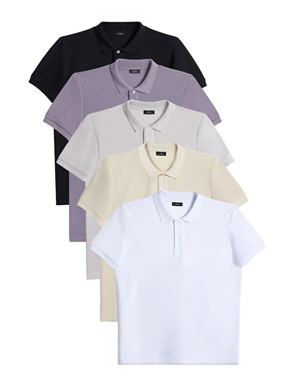 TUDORS Erkek 5'Li Paket Siyah-Beyaz-Ekru-Taş-Gri Slim Fit Dar Kesim Pamuklu Düz Pike Polo Yaka Tişört