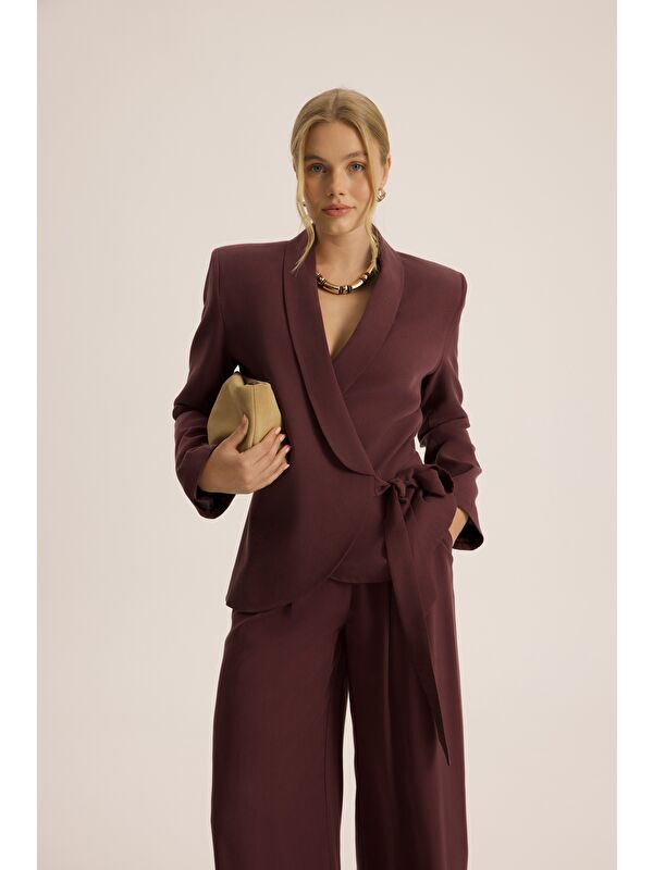 Mai Collection Mirelka Bağlamalı Bordo Blazer Pantolon Takım