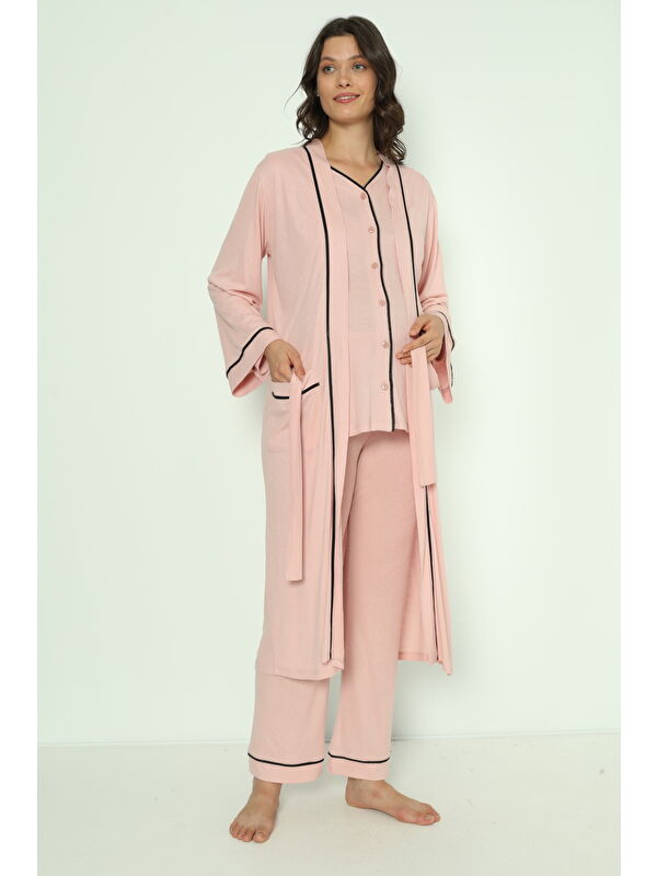 MİSS DÜNYA LİSSA Pudra Önden Düğmeli Uzun Sabahlıklı Hamile ve Lohusa Pijama Takımı